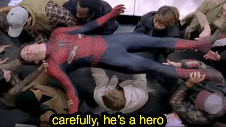 Carefully He's a Hero spider-man 2 meme template