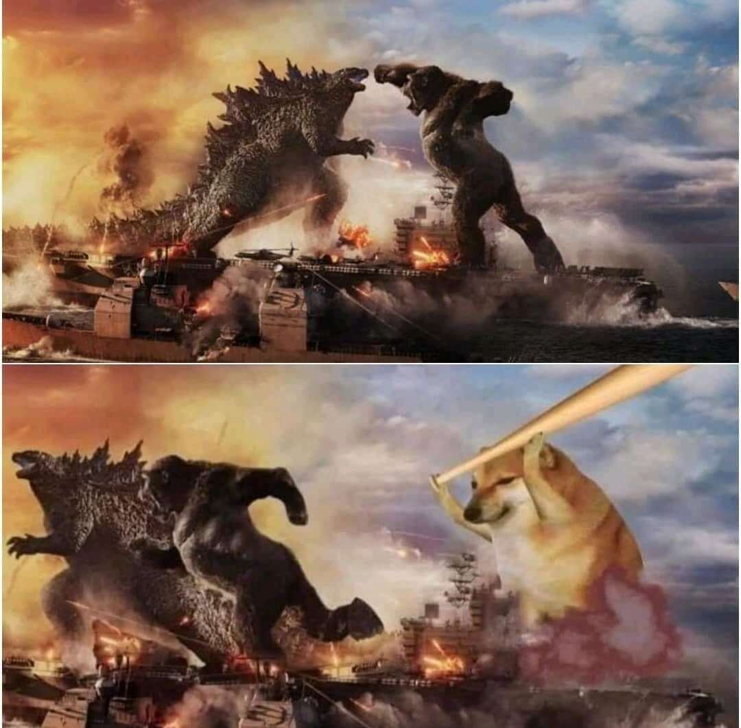 Cheems chasing kong and Godzilla with a baseball bat meme template