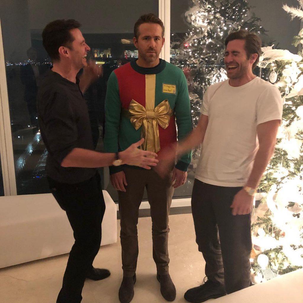 Ryan Reynolds Ugly Sweater Party With Hugh Jackman And Jake Gyllenhaal meme template