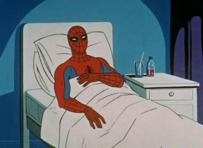 Sick Spider-man sleeping on hospital bed meme template