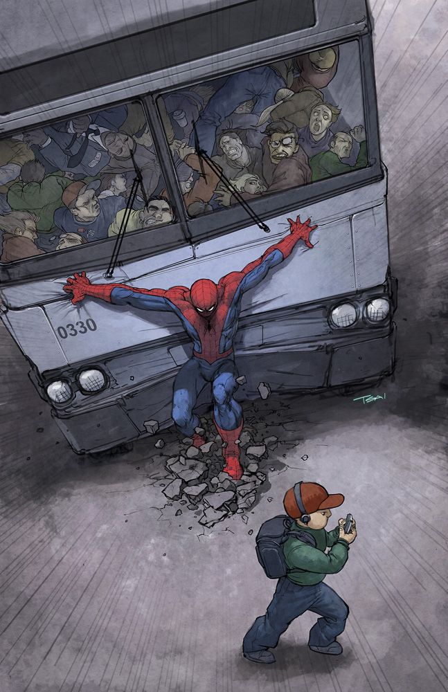 Spiderman stopping a bus from hitting a boy meme template