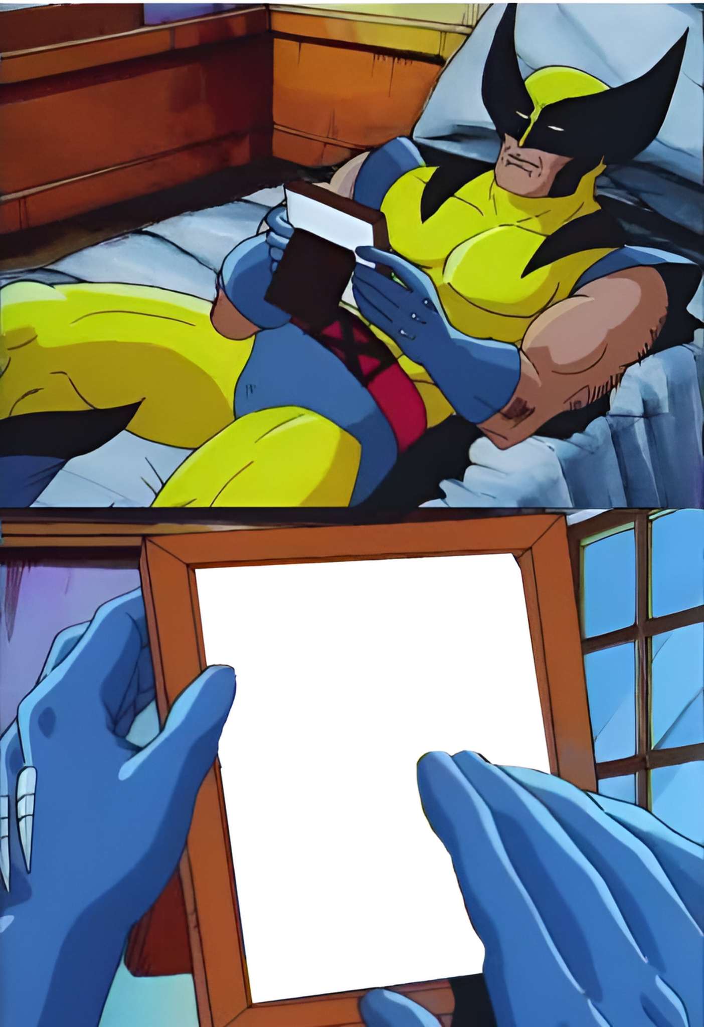 Wolverine lying in bed looking at a picture frame - Indian Meme Templates