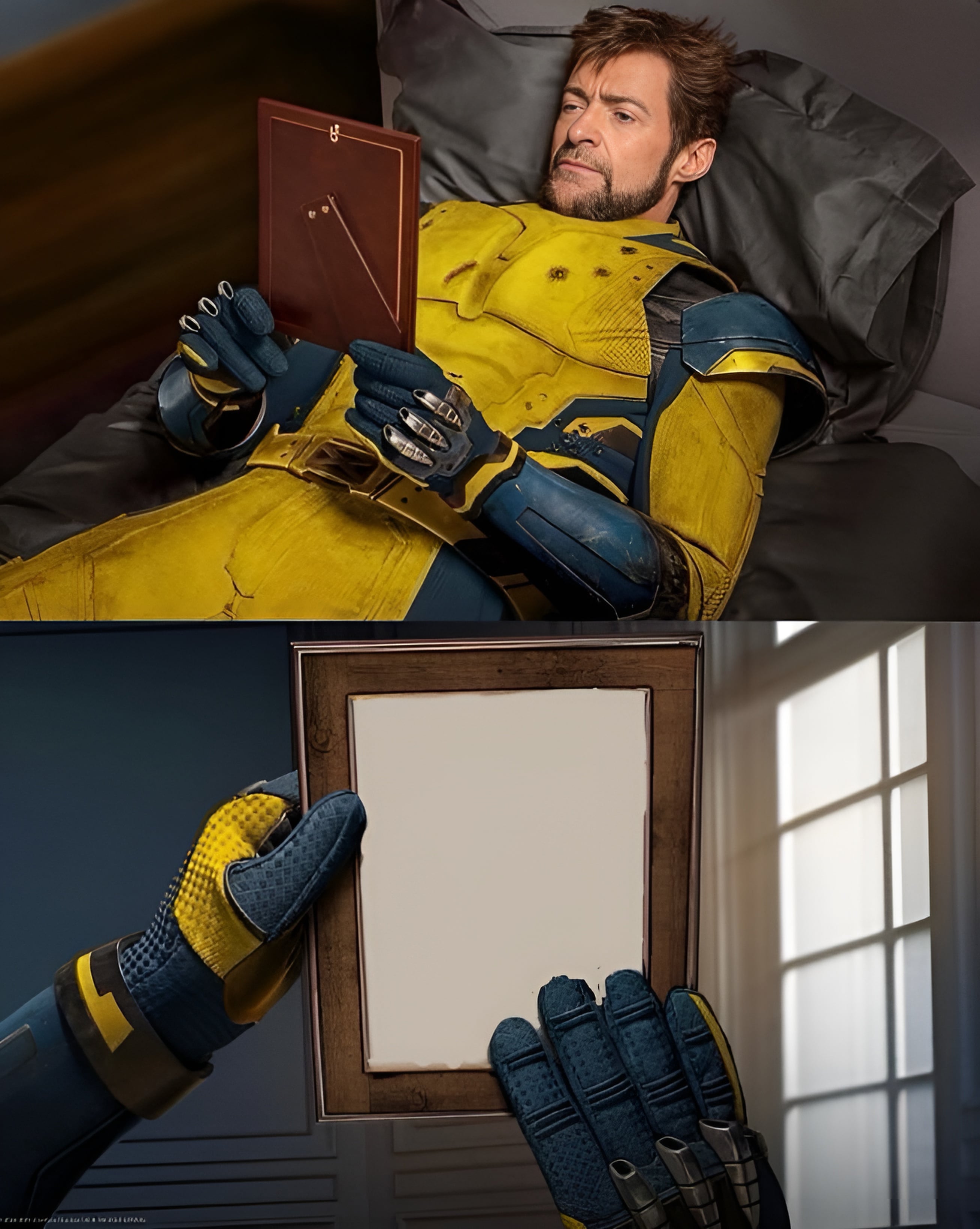 Wolverine lying in bed looking at a picture frame
