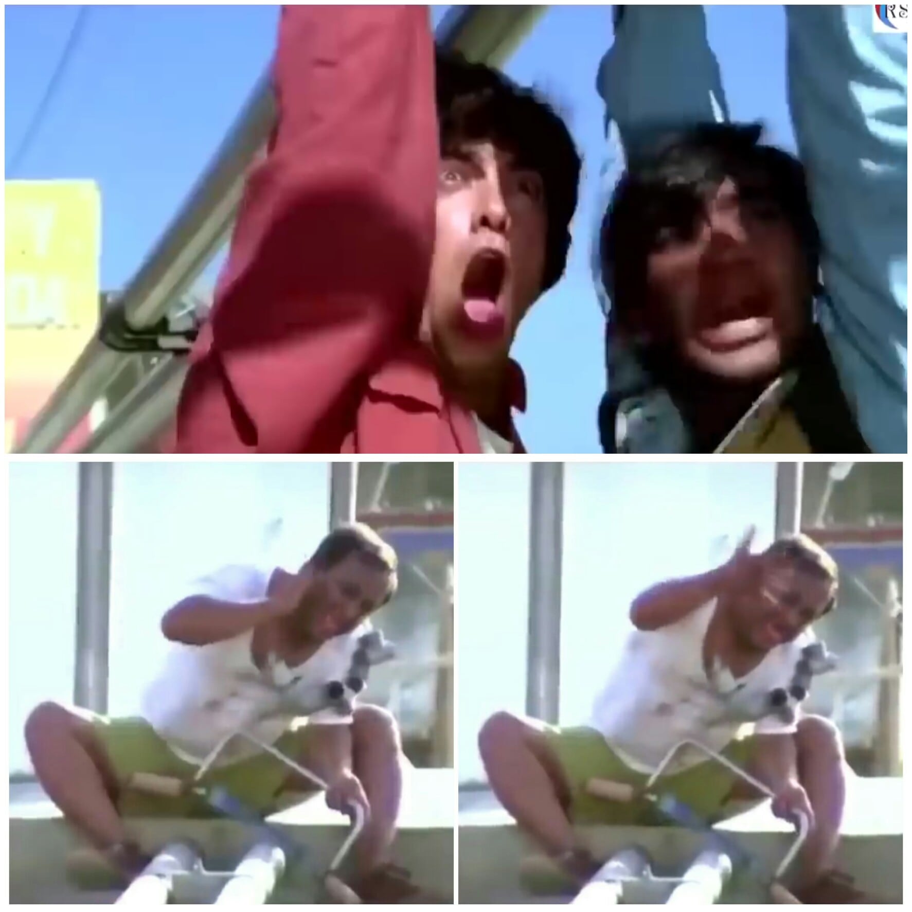 Ajay and Aamir shouting at the deaf man who is cutting pipe ishq movie meme template