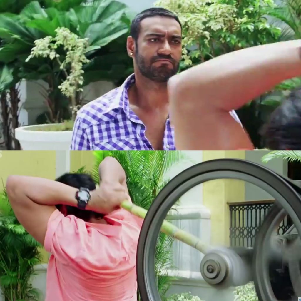 Golmaal 3 Madhav trying to hit Gopal with a sugarcane scene Ajay Devgn Arshad Warsi meme template