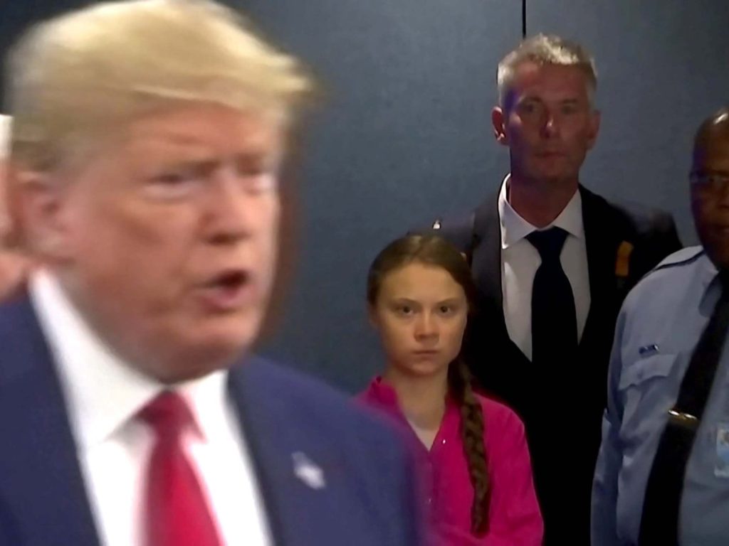 Greta Thunberg looking at donald trump At The UN Summit On Climate Change meme