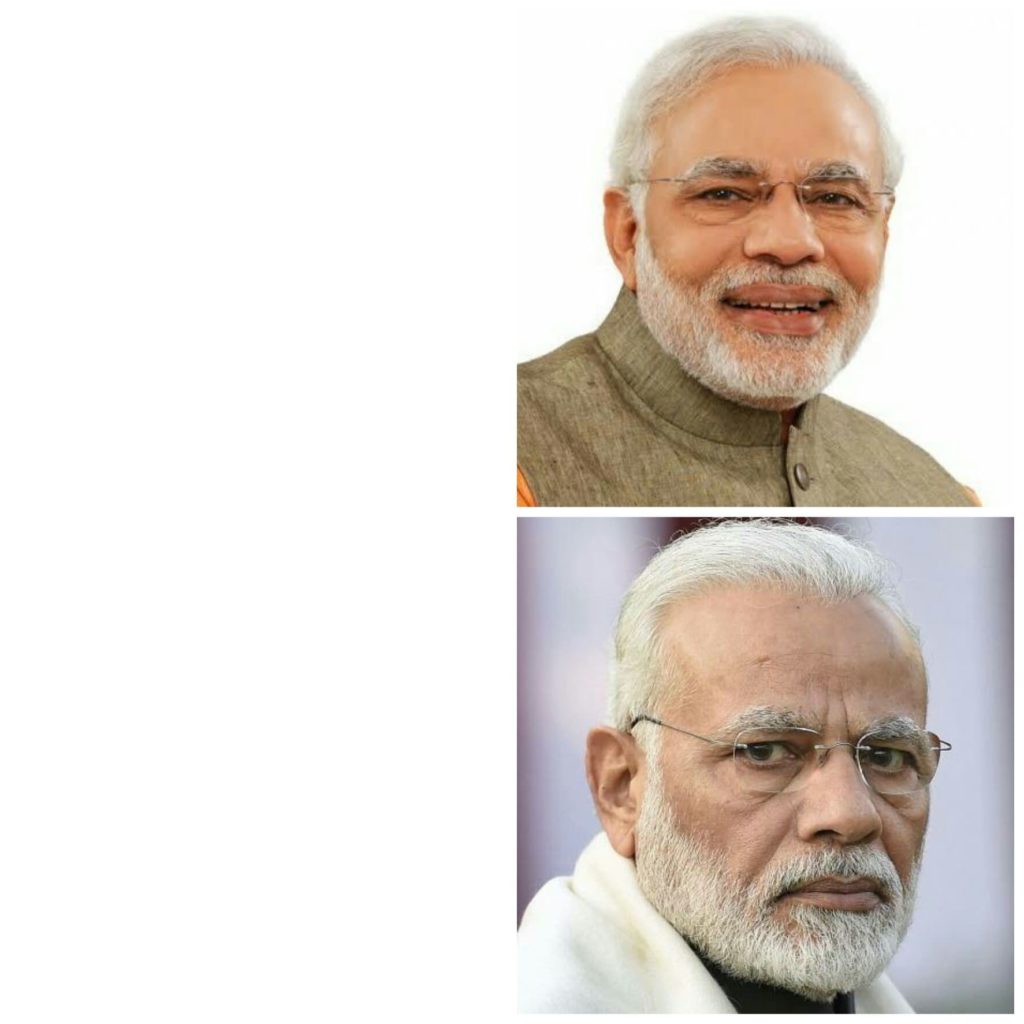 Happy Modi vs Angry Modi two panel meme template