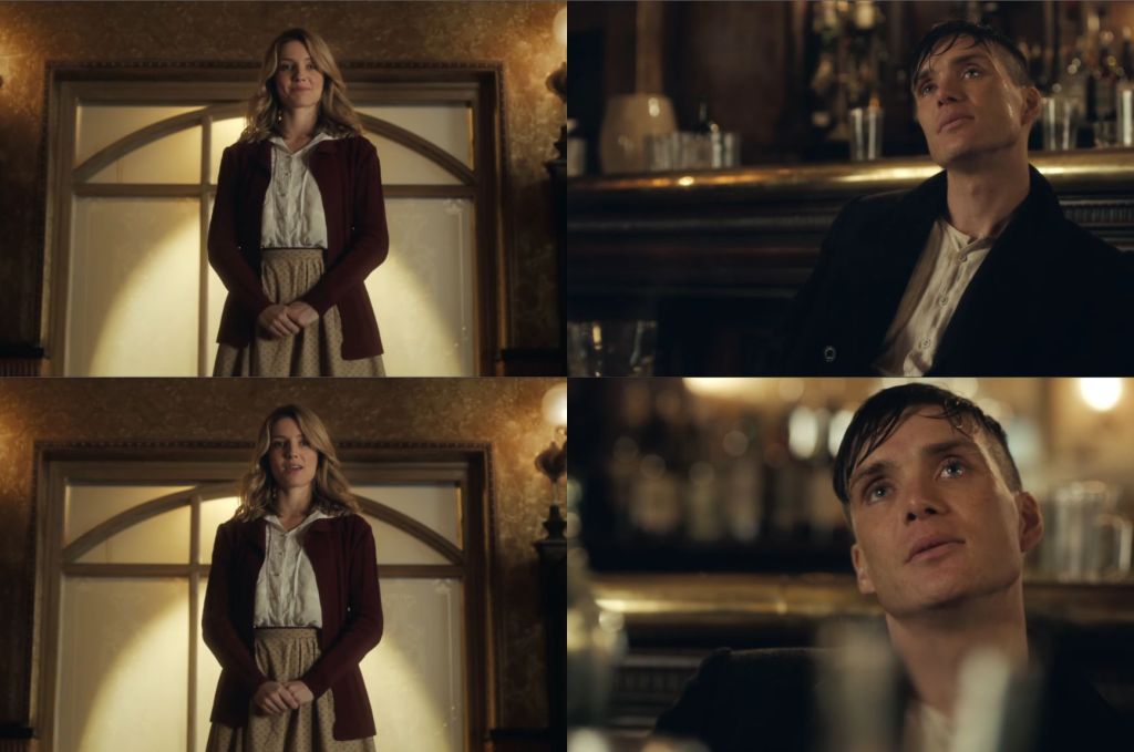 Barmaid Grace asking thomas shelby what type of song happy or sad he will listen meme template