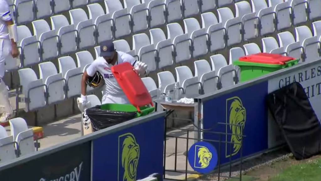 kl rahul opening and looking at a dustbin in India vs England county cricket match