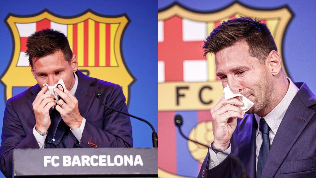 Lionel messi crying in a Press conference meme template