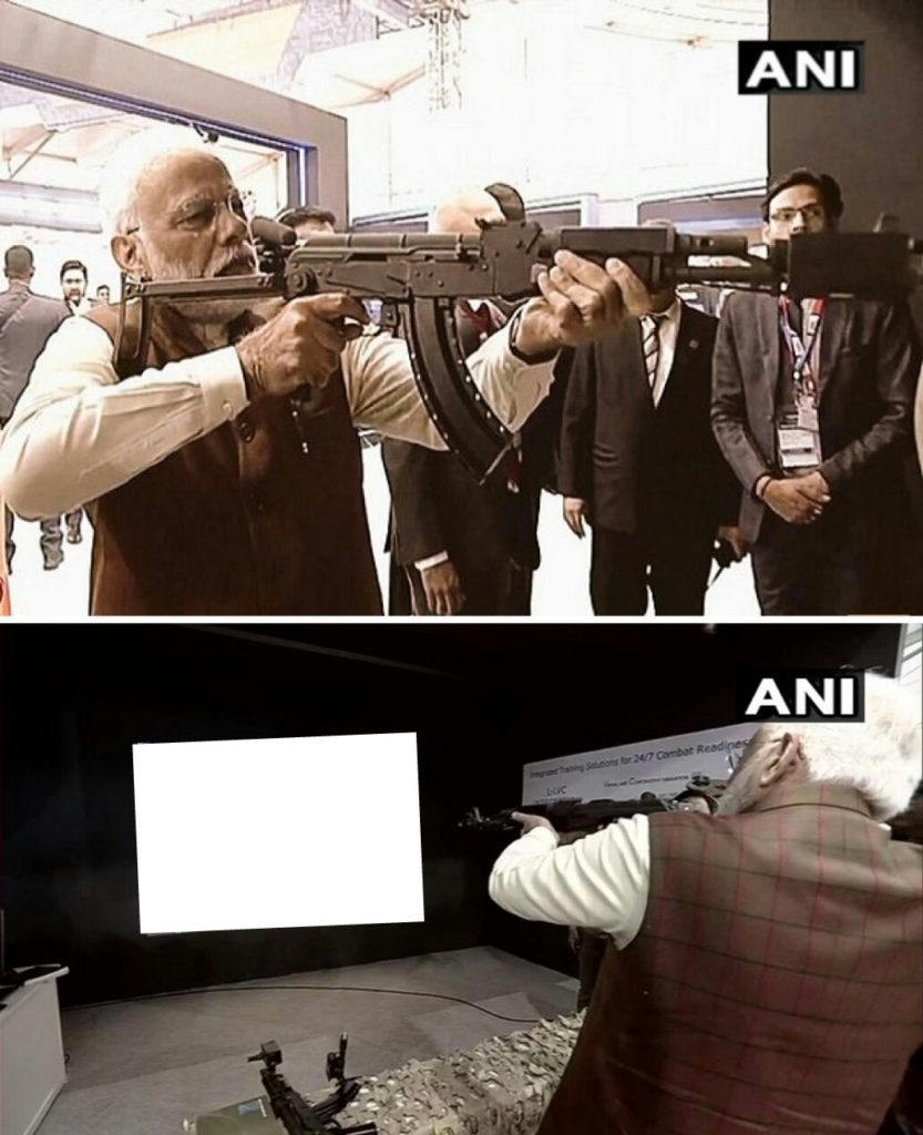 Narendra Modi firing at virtual firing range with assault rifle meme template