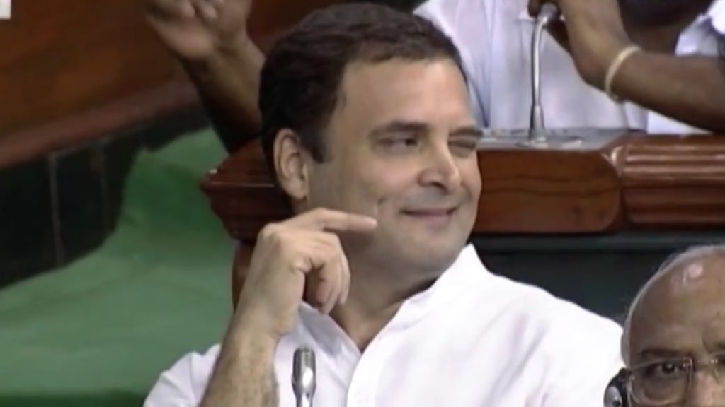 rahul gandhi winking at the parliament meme template
