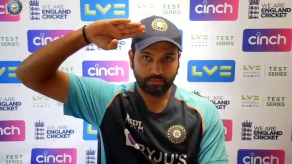 rohit sharma saluting at a press conference meme