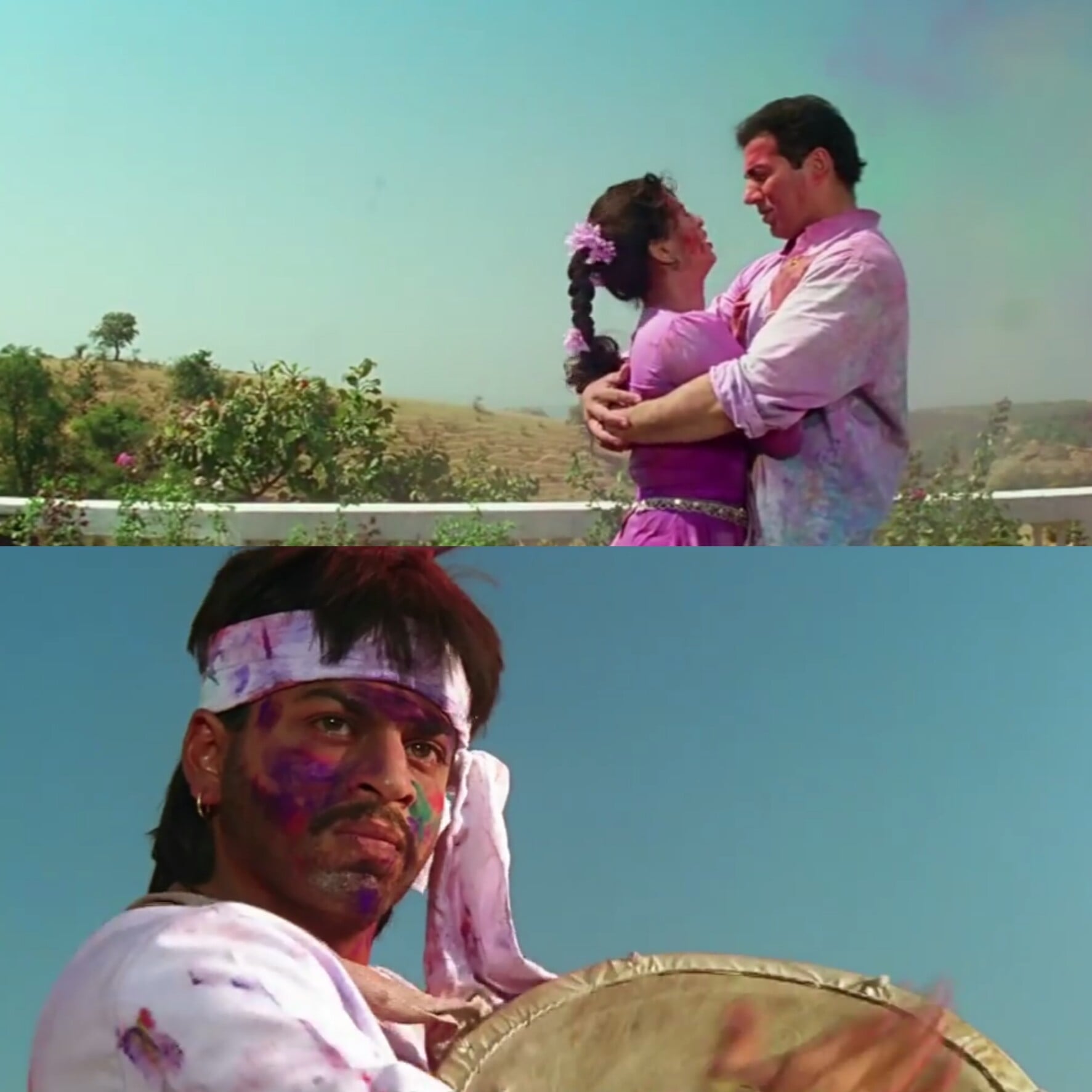 Shahrukh Khan getting angry after seeing Sunny Deol hugging Juhi Chawla in the darr movie holi song meme template
