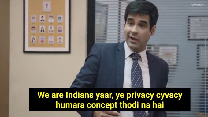 jagdeep chadda as mukul chadda in the office india funny dialogue and meme we are indians yaar ye privacy cyvacy humara concept thodi na hai