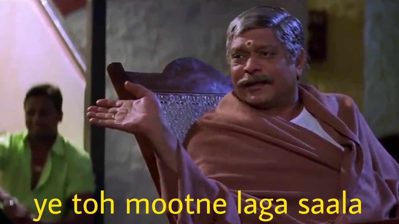 Mohan Joshi as Sadhu Yadav in the movie Gangaajal dialogue and meme template ye toh mootne laga saala